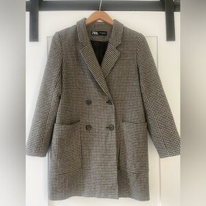 Zara Women's Double breasted Houndstooth Blazer - Black and Tan, Size XS